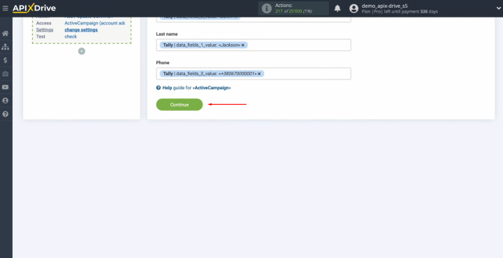 Интеграция Tally и ActiveCampaign | Нажмите «Continue»