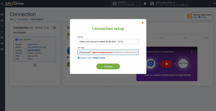 Интеграция HelpCrunch и Discord | Вставьте ключ API в соответствующее поле в ApiX-Drive