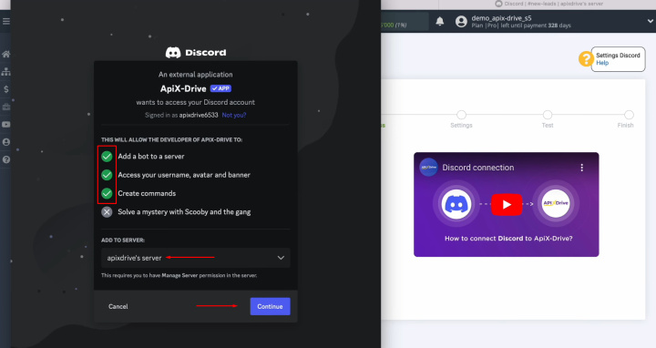 Интеграция HelpCrunch и Discord | Предоставьте доступ ApiX-Drive для работы с аккаунтом Discord