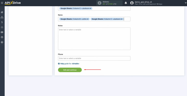 Интеграция Google Таблиц и Airtable | Нажмите «Редактировать и продолжить»