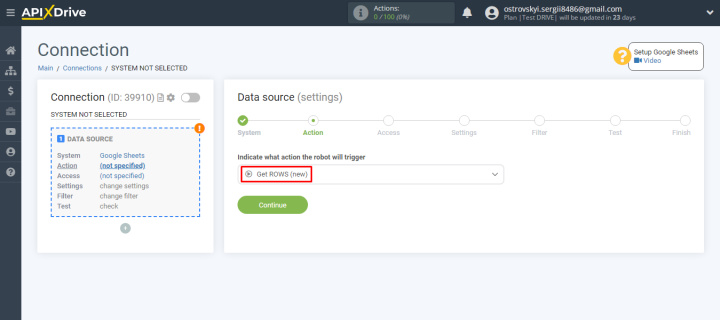 Настройка Google Sheets | Указываем действие