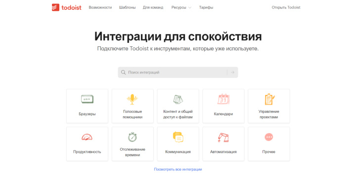Обзор Todoist | Категории сервисов, которые можно подключать с помощью встроенных модулей