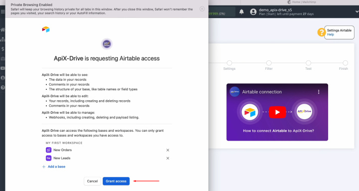 Інтеграція Airtable та MailChimp | Після додавання всіх баз натисніть "Надати доступ"
