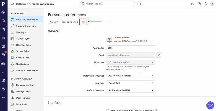 Інтеграція Pipedrive і Airtable | Перейдіть на вкладку API