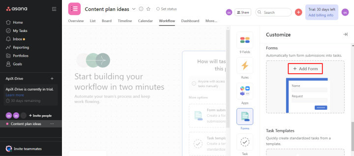 Як створювати форми в Asana | Натисніть «Add Form»