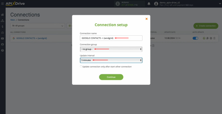 Інтеграція Google Contacts і SendGrid | Виберіть інтервал для роботи підключення