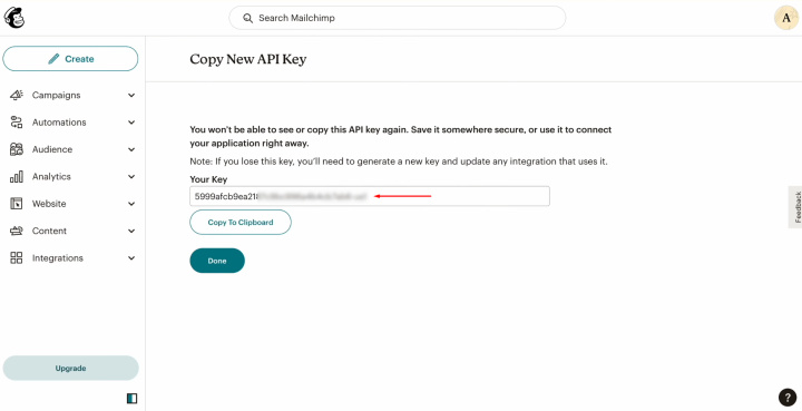 Інтеграція Airtable та MailChimp | Скопіюйте ключ API та натисніть "Готово"