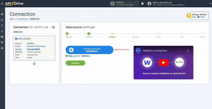 Інтеграція Salesforce Webflow Підключіть свій обліковий запис Webflow до ApiX-Drive.