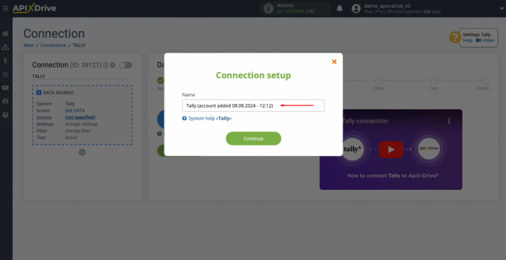 Інтеграція Tally та ActiveCampaign | Змініть назву з'єднання або просто натисніть «Continue»