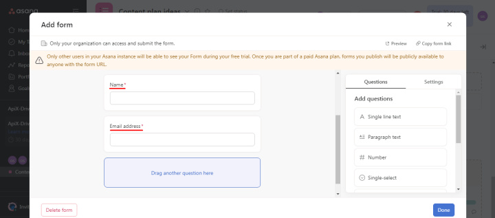 Як створювати форми в Asana | Поля «Name» та «Email»